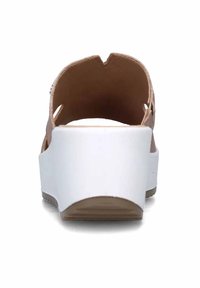 Sandalo sintetico marrone con suola bianca. Caratterizzato da un retro sagomato e un tacco bianco arrotondato e testurizzato. Design aperto con aperture laterali.