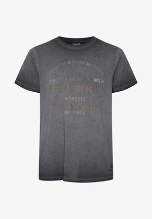 Grå t-skjorte med kort erm som har et gradientdesign med trykt tekst i gull og hvitt, rund hals og avslappet passform.