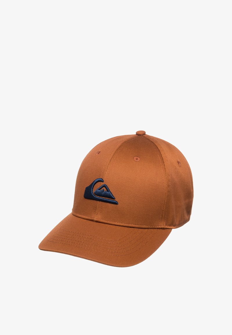 Hnědá baseballová čepice vyrobená z hladké tkaniny. Má zakřivený kšilt a na přední straně modré logo hory. Šesti panelový design s průduchy.