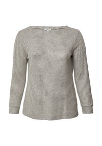 Lange mouw top in lichtgrijze textuurstof met een ruitpatroon. Heeft een bootnek en nauwsluitende manchetten. Eenvoudig, recht gesneden ontwerp.