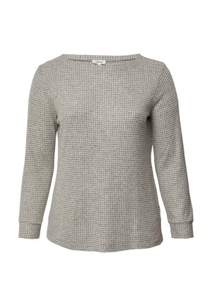 Długi rękaw top w jasnoszarym, teksturowanym materiale z wzorem w kratkę. Posiada dekolt typu łódka i dopasowane mankiety. Prosty, prosty fason.