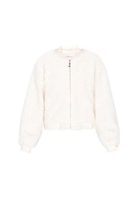 Veste zippée blanche et duveteuse avec manches longues, poignets côtelés, col et ourlet, sur fond blanc uni.