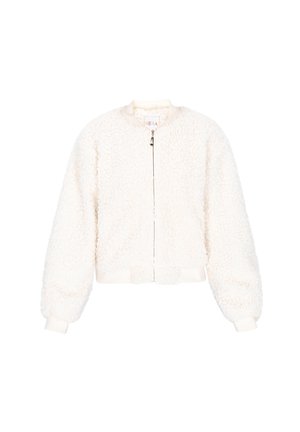 Bijela pahuljasta jakna na zatvarač s dugim rukavima, rebrastim manžetama, ovratnikom i rubom na jedinstvenoj bijeloj pozadini.