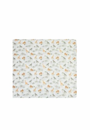 Couverture en coton pour bébé avec un fond blanc orné d'imprimés d'animaux colorés, y compris des girafes, des éléphants et des zèbres.