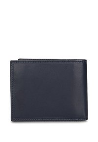 Portafoglio in pelle blu navy con una texture liscia, design a due ante e cuciture a contrasto. Aspetto minimalista senza motivi o accessori visibili.