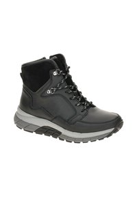 Zwarte leren enkelboots met een gestructureerde bovenkant, contrasterend suède paneel, grijze zool en zwart-witte veters. Ontworpen voor comfort en duurzaamheid.