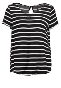 Top a maniche corte bianco e nero a righe con scollatura a barca e dettaglio a chiave sul retro. Tessuto leggero e liscio con vestibilità comoda.