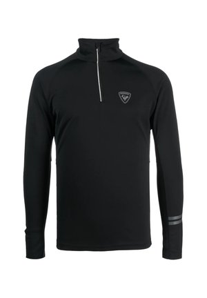 Schwarzer Pullover mit langen Ärmeln aus leichtem Material. Mit einem Halbreißverschluss-Kragen, reflektierenden Akzenten und einem Logo auf der Brust. Glatte Textur.