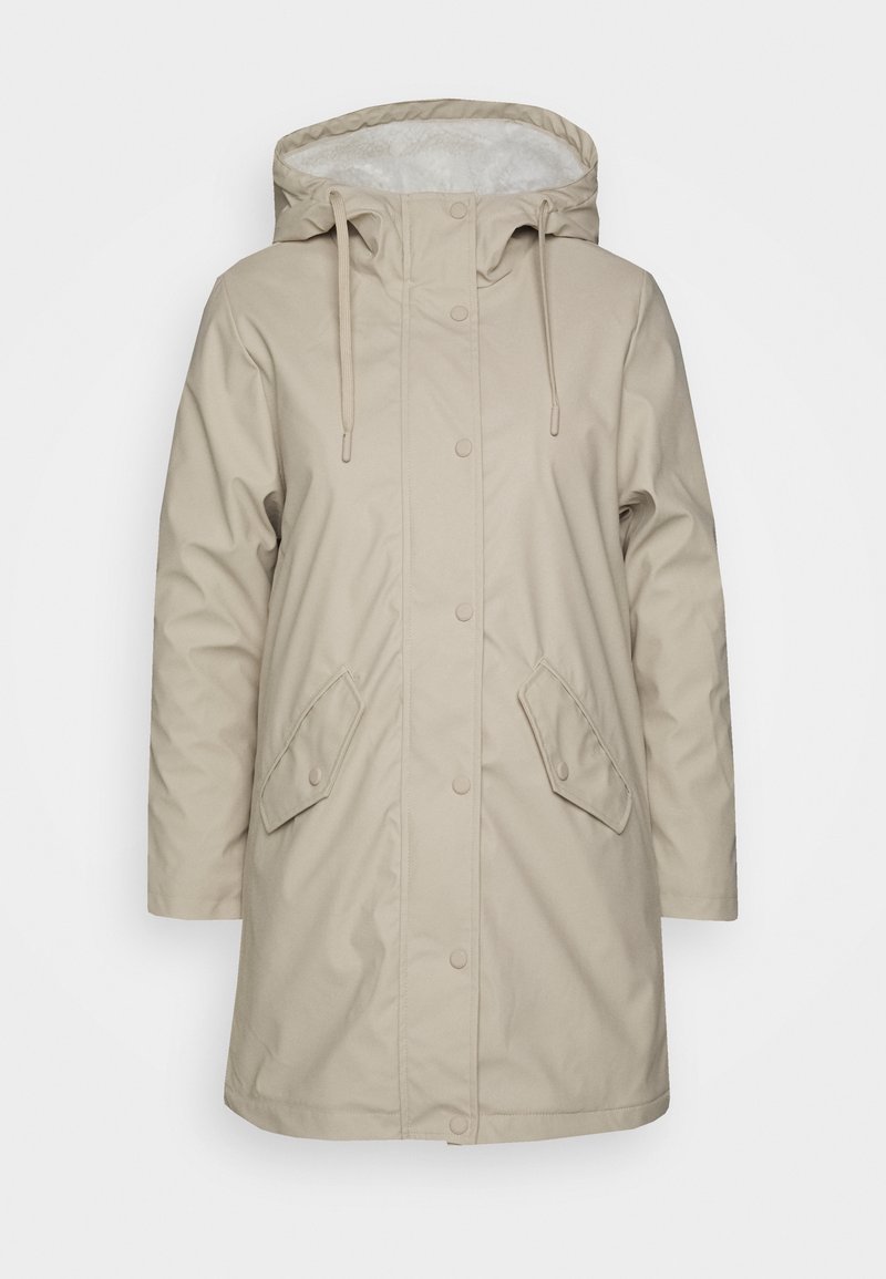 Beige waterproof jacket with a hood, featuring a soft inner lining, snap buttons, and two front pockets. Smooth texture, knee-length design.