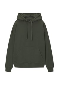 Sweat à capuche vert foncé avec poche kangourou à l'avant, capuche ajustable avec cordon, manches longues, poignets et ourlet côtelés.