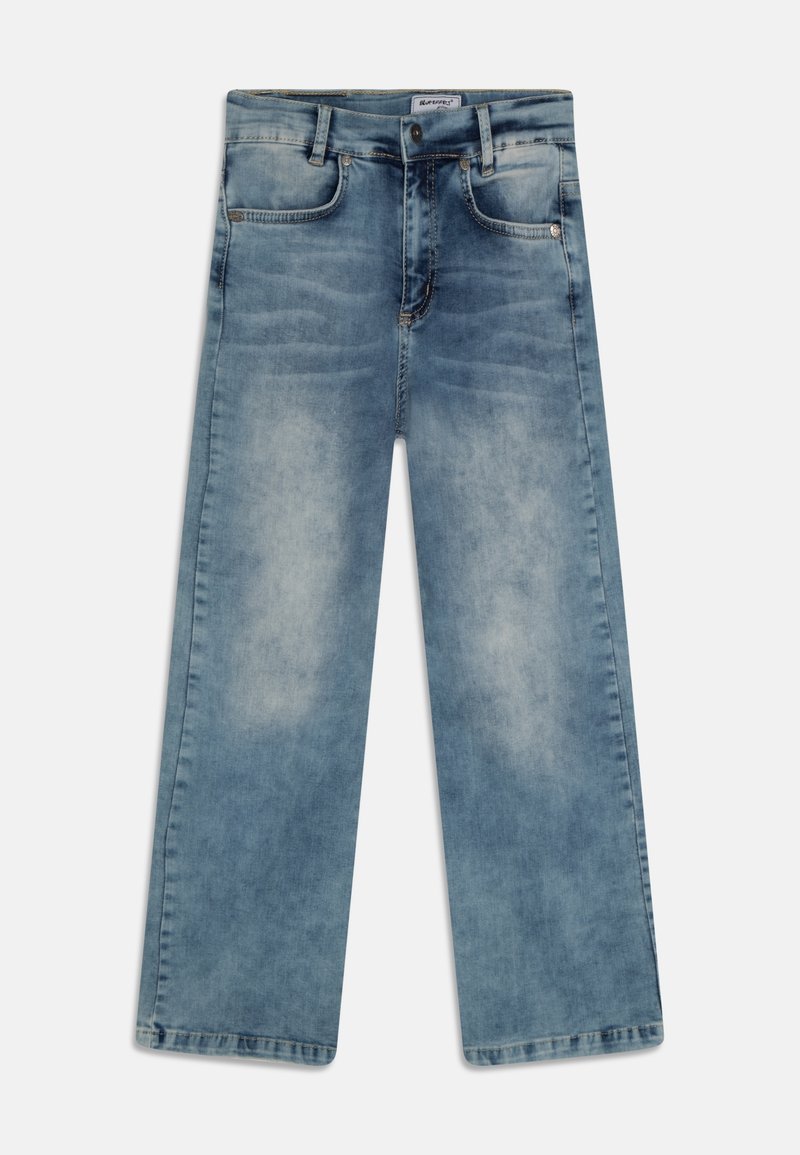 Jeans palazzo bleu clair avec dégradé, poches avant, passants de ceinture et fermeture à bouton.