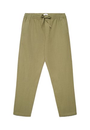 Pantalon décontracté vert olive avec ceinture élastique et cordon de serrage à l'avant, fabriqué en tissu texturé léger.