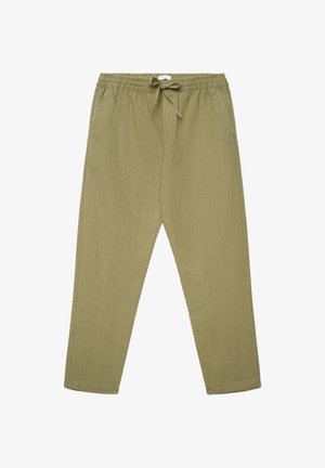 Olivgrüne Freizeithose mit elastischem Bund und vorderem Kordelzug, hergestellt aus leichtem, strukturiertem Stoff.