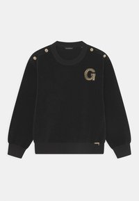 Schwarzer Pullover mit weicher Textur, ausgestattet mit goldfarbenen Knopfakzenten auf der Schulter und einem dekorativen Logoemblem auf der Brust.