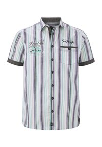 Kurzarm-Shirt mit Streifen in Grün, Lavendel und Grau. Verfügt über Knöpfe, eine Brusttasche und bestickte Akzente auf dem Stoff.