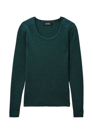 Haut tricot à manches longues teal avec un encolure bateau. Texture douce et design ajusté, présentant une étiquette au cou, sans motifs ni accents visibles.