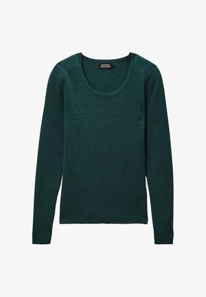 Haut tricot à manches longues teal avec un encolure bateau. Texture douce et design ajusté, présentant une étiquette au cou, sans motifs ni accents visibles.