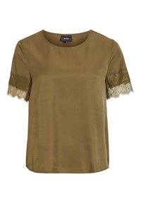 Oliven grøn bluse lavet af glat stof, med korte ærmer med delikate blonde detaljer og rund halsudskæring. Lys tekstur, afslappet pasform.