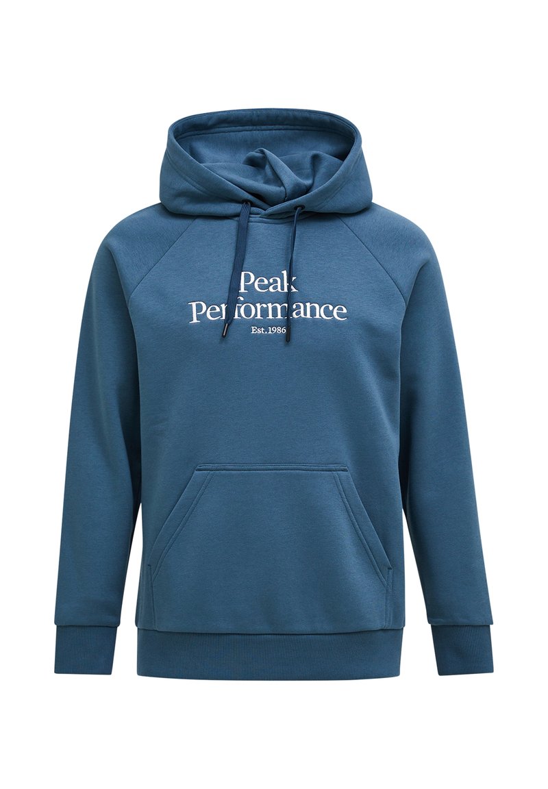 Felpa con cappuccio in teal, realizzata in tessuto morbido. Presenta una tasca a marsupio e la scritta bianca "Peak Performance" con l'anno di fondazione.