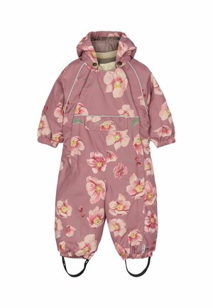 Monoski de color rosa con estampado de flores y capucha, que cuenta con puños elásticos y correas para las botas. Fabricado con material impermeable, adecuado para el clima frío.