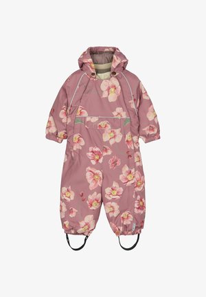 Rozā ziedu raksta snowsuit ar kapuci, ar elastīgām aprocēm un zābaku siksnām. Izgatavots no ūdensnecaurlaidīga materiāla, piemērots aukstam laikam.