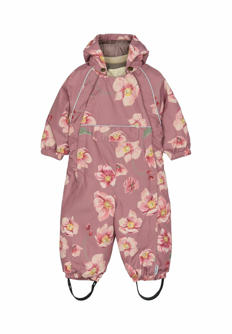 Roze sneeuwpak met bloemenpatroon en capuchon, met elastische manchetten en hanteer straps. Gemaakt van waterdicht materiaal, geschikt voor koud weer.