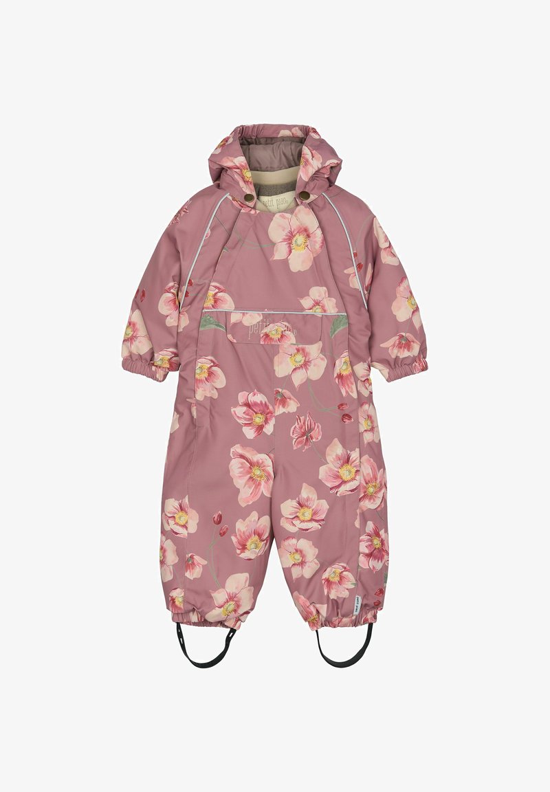 Roze sneeuwpak met bloemenpatroon en capuchon, met elastische manchetten en hanteer straps. Gemaakt van waterdicht materiaal, geschikt voor koud weer.