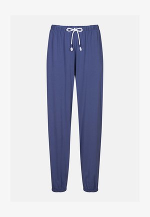 Blue jogger pants made from soft, stretchy fabric. Features an elastic waistband with a drawstring and tapered cuffs at the ankle.