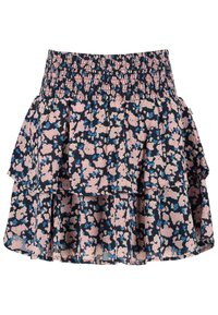 Floral print skirt with a smocked waistband, featuring layered ruffles. Colors include navy blue, pink, and light blue on a dark background.