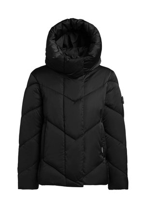 Juoda pūkinė striukė su aukštu, sulankstomu gobtuvu, siuvinėtu raštu ir šoninėmis kišenėmis. Pagaminta iš lygaus, lengvo audinio šilumai sulaikyti.