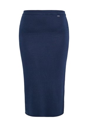 Mornarsko modra pletena midi krila s prilegajočo silhueto, elastičnim pasom in gladko teksturo. Ima subtilno oznako blagovne znamke blizu pasu.