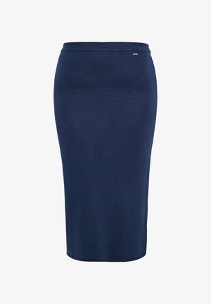 Mørkeblå strikket midi-nederdel med en tætsiddende silhuet, elastisk talje og en glat tekstur. Har et diskret mærke nær taljen.
