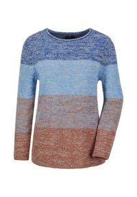 Maglione lavorato a maglia con scollo rotondo, maniche lunghe e blocchi di colore in blu chiaro, blu scuro e tonalità di marrone. Texture morbida.