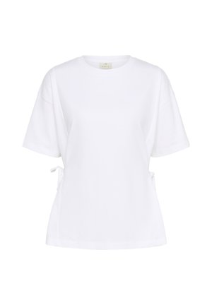 Tricou alb cu decolteu rotund, mâneci scurte și șnururi reglabile pe laterale. Fabricat dintr-un material moale, cu o croială lejeră și o textură netedă.