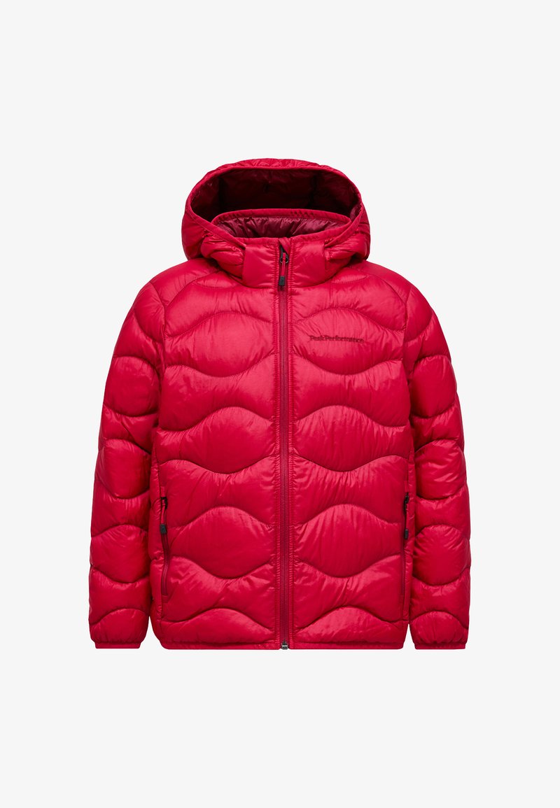 Leuchtend rote gepolsterte Kapuzenjacke mit Frontreißverschluss und zwei seitlichen Reißverschlusstaschen, die mit einem wellenförmigen Steppmuster verziert ist.