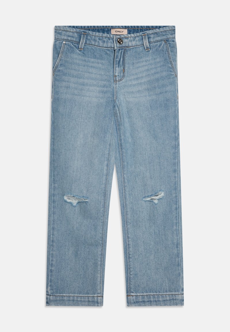 Ljusblå denimjeans med rak passform, med två knäskärningar, framfickor och en klassisk knappstängning, samt sömmar som är sydda.