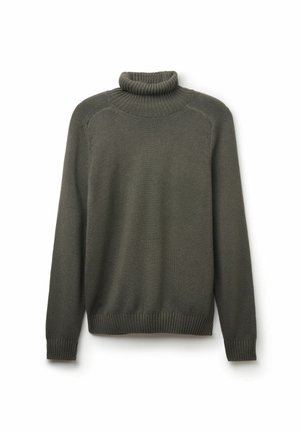 Mörkgrön stickad polotröja. Har ribbad krage, manschetter och nederkant. Enkel design med insydda ärmar och lätt struktur.