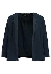 Navyblauwe blazer van gladde stof, met een ontspannen pasvorm, open voorkant en zonder zichtbare sluitingen. Mouwen tot de elleboog.