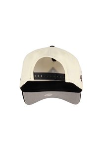 Adjustable cap with a cream upper, black accent at the back, and a gray visor. Features a plastic snap closure and interior lining.