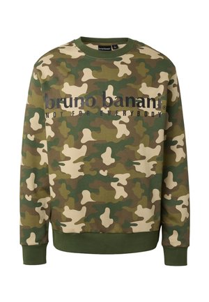 Langærmet sweatshirt med camouflagemønster, grønne ærmekanter og krave, med teksten "bruno banani NOT FOR EVERYBODY" trykt på forsiden.