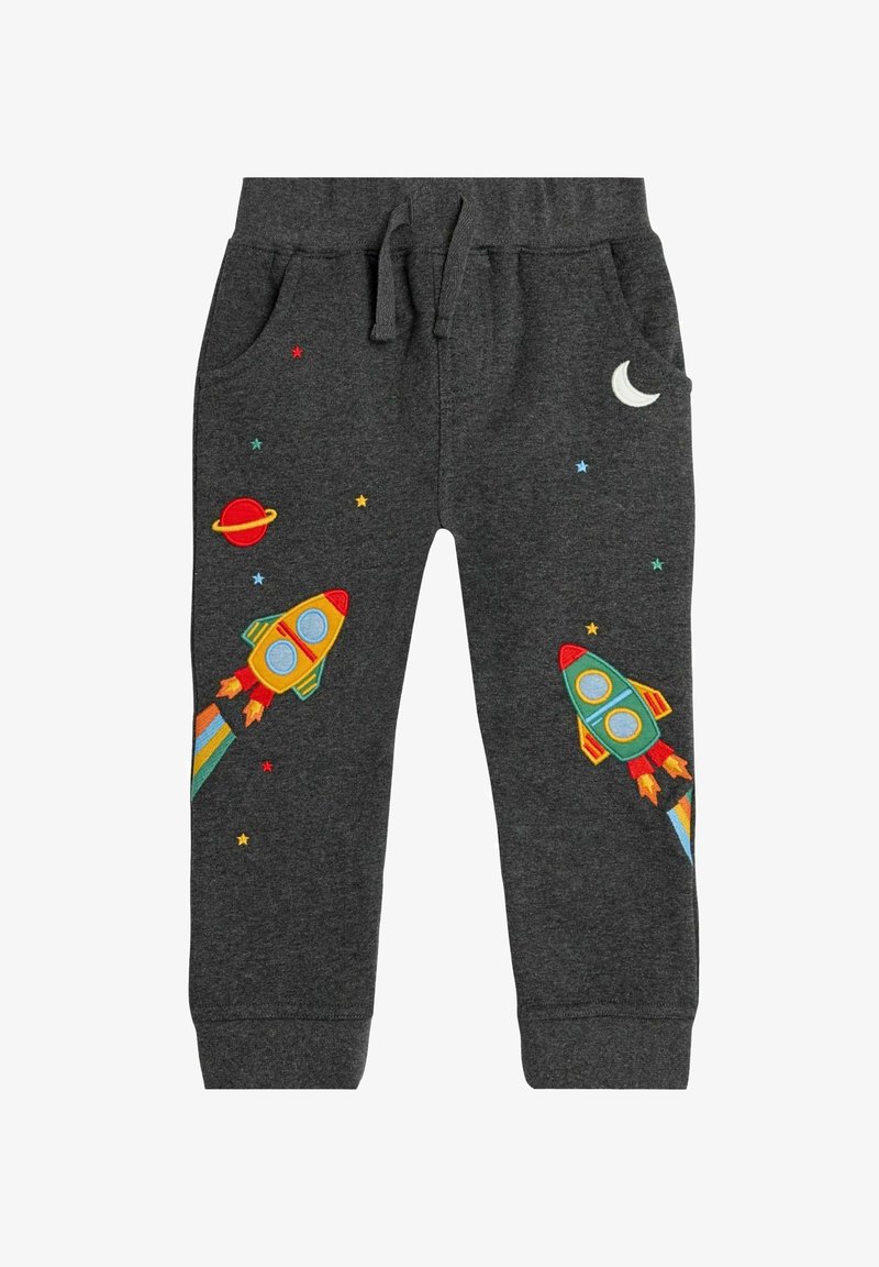 Šedé tepláky s výšivkou raketky a planéty, s elastickým pásom na šnúrku, vreckami a farebnými hviezdami na látke.
