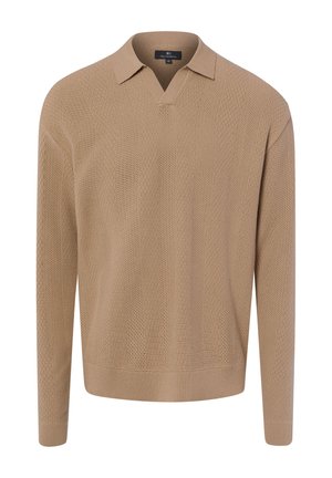 Beiger gestrickter Pullover mit langen Ärmeln, Kragen und V-förmigem Ausschnitt, mit strukturiertem Muster sowie gerippten Bündchen und Saum.