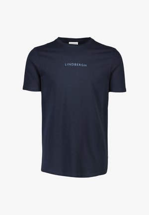 Mørkeblå bomulds t-shirt med korte ærmer, rund halsudskæring og lyseblå tekst "LINDBERGH" trykt på forsiden. Blød tekstur, almindelig pasform.