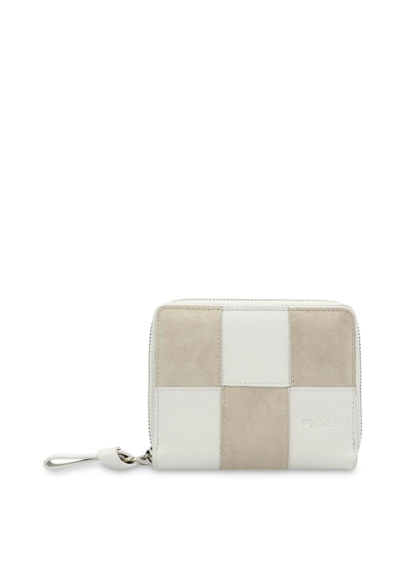 Rectangular wallet featuring a patchwork design of white and light beige leather and suede. Zippered closure and metal hardware accent.