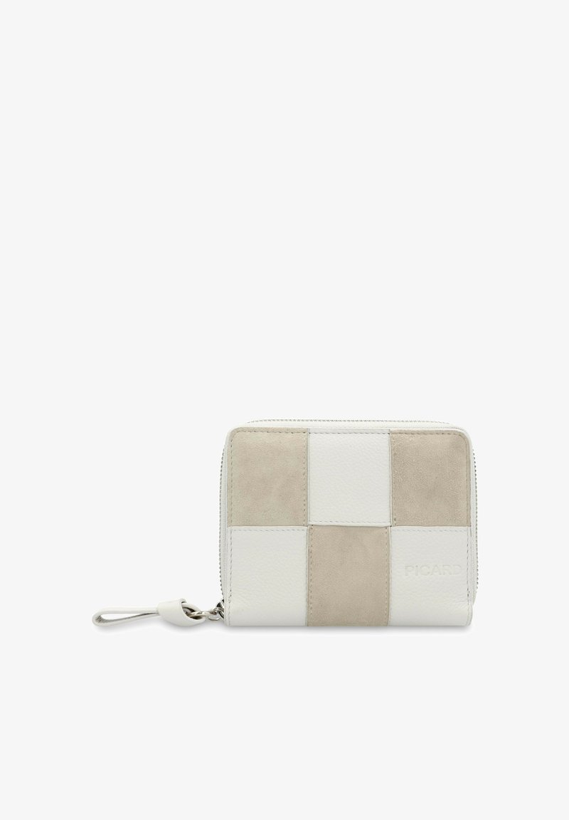 Rectangular wallet featuring a patchwork design of white and light beige leather and suede. Zippered closure and metal hardware accent.