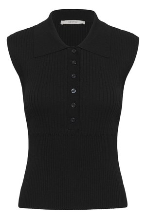 Haut sans manches en maille côtelée noire avec un large col et une rangée avant de six boutons noirs.