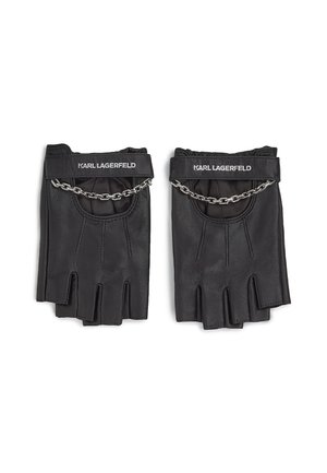 Para czarnych, bezpalczastych gumowanych rękawiczek ze skórzanym wykończeniem i srebrnym łańcuszkiem oraz napisem "KARL LAGERFELD" na pasku przy nadgarstku.