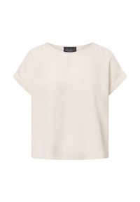 Īss piedurkņu, apaļas apkakles tops gaiši krēmkrāsā, izgatavots no gludas auduma. Tam ir brīvs piegrieziens ar aprocētām piedurknēm un taisnu malu.