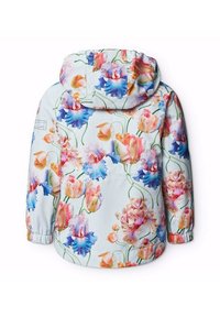 Blommönstrad jacka med ljusblå bakgrund, huva, långa ärmar och elastiska muddar. Har livliga blommönster i rosa, blått och grönt.