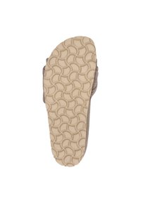 Brown slipper with a textured beige outsole featuring a circular pattern. Soft upper material, open-back design, lightweight construction.